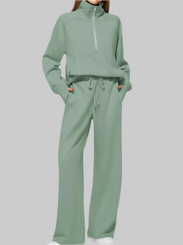 Full Size Half-Zip Sweatshirt and Wide-Leg Pants Set Plus Size - Modestly Vogue